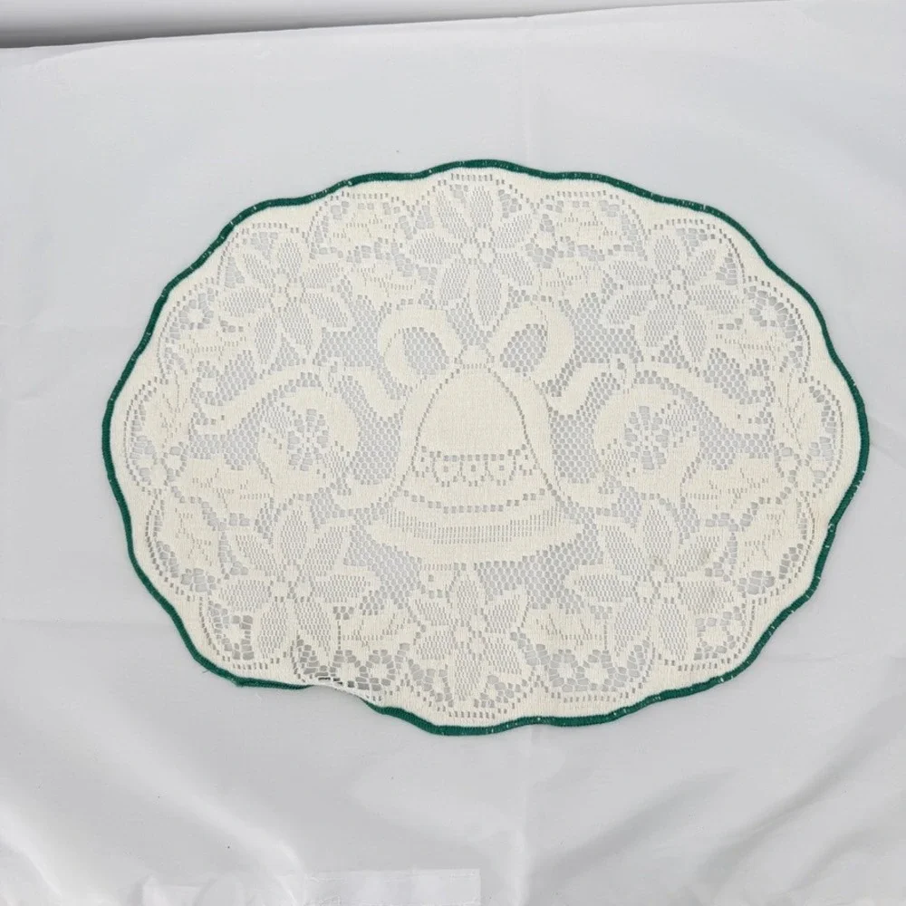 Placemats Set of 6 Christmas Bell Lace Cream Green Trim Holiday Cottage Core